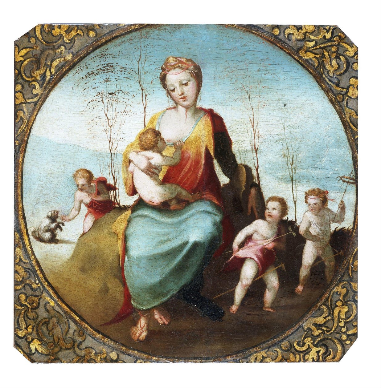 Beccafumi - Nächstenliebe, die ein Kind stillt und von drei Kindern umgeben ist, die mit einem Hund und Steckenpferden spielen, ca. 1525 von Domenico Beccafumi