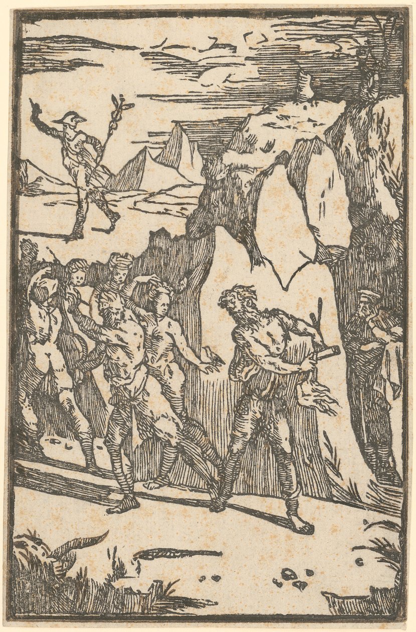 Metalle fliehen beim Versuch Vulkans, sie aus den Felsen zu lösen, Blatt 3 der Folge "De la Pirotechnia" von Domenico Beccafumi