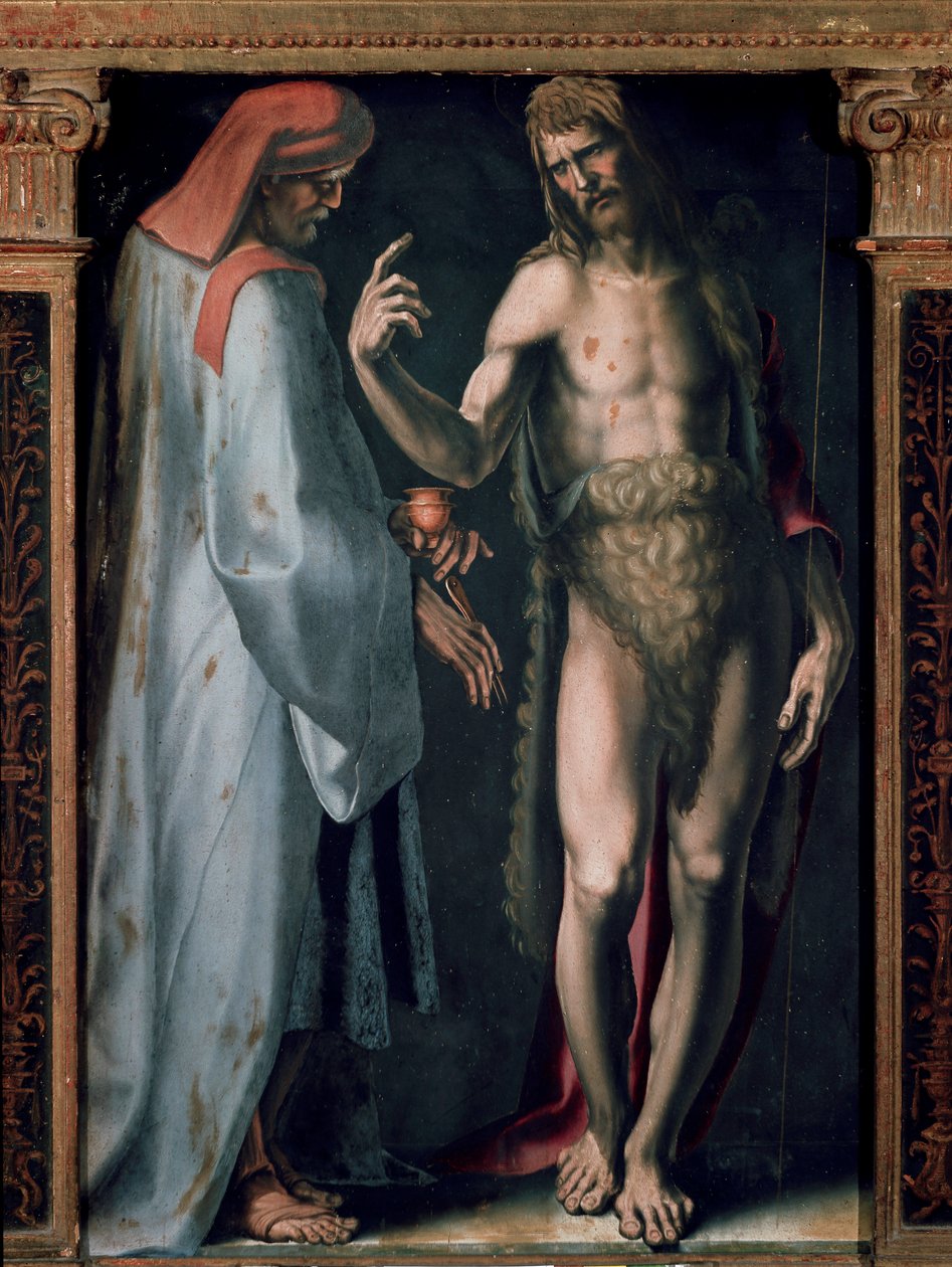 Triptychon der Dreifaltigkeit, Detail linkes Panel: Heiliger Cosimo und Heiliger Johannes der Täufer von Domenico Beccafumi