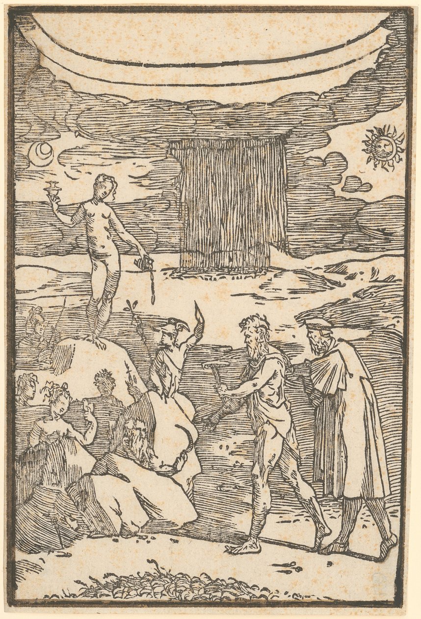Vulkan und der Philosoph (Teoria) begeben sich auf die Suche nach den in Felsen eingeschlossenen Metallen, Blatt 2 der Folge "De la Pirotechnia" von Domenico Beccafumi