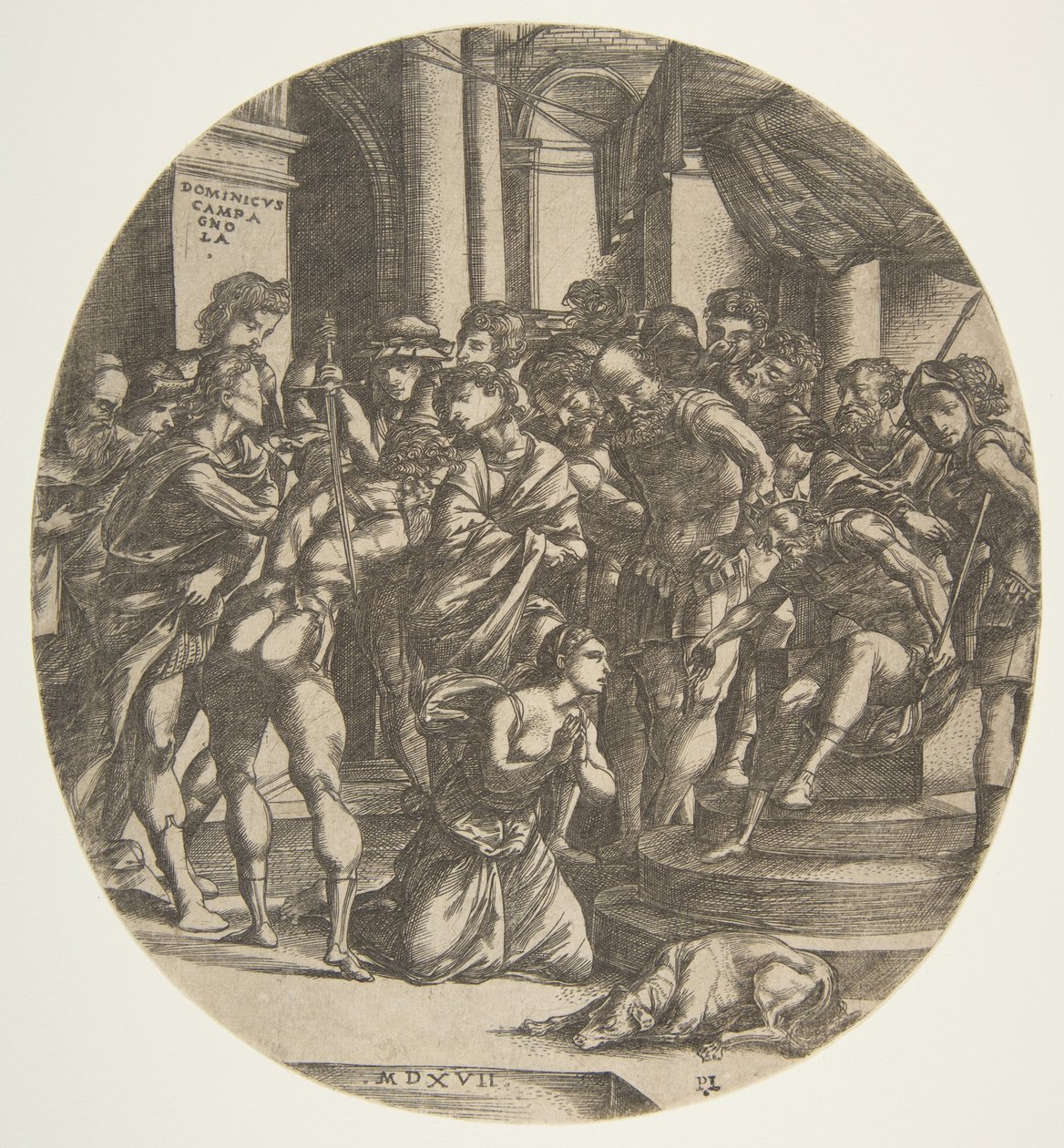 Weibliche Figur, die heilige Katharina kniet auf dem Boden und fleht eine männliche Figur an, 1517 von Domenico Campagnola