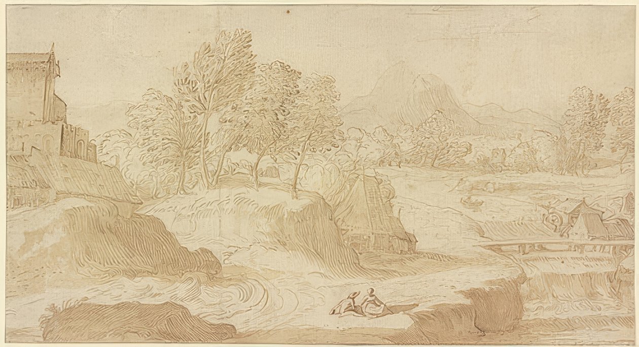 Figürliche Landschaft, rechts ein Fluss mit einer Brücke bei Mühlen, vorn zwei sitzende Figuren von Domenico Campagnola