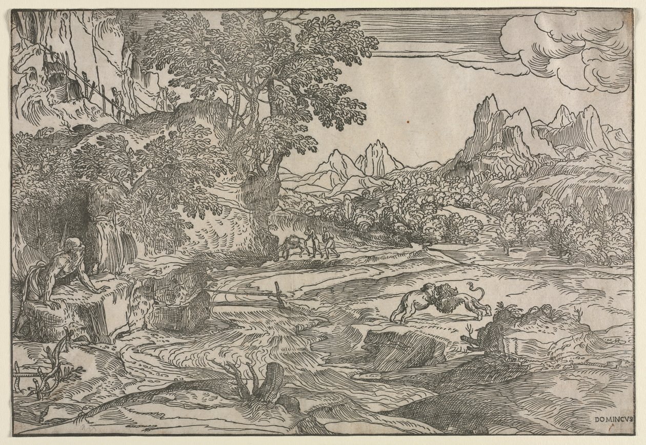 Landschaft mit Heiligem Hieronymus und zwei Löwen von Domenico Campagnola