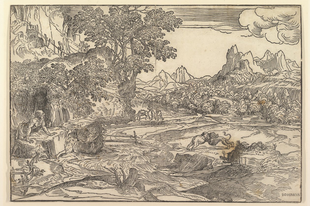 Landschaft mit dem Heiligen Hieronymus links, der auf einen Löwen und einen Bären schaut, die in der Mitte kämpfen..., ca. 1530-35 von Domenico Campagnola