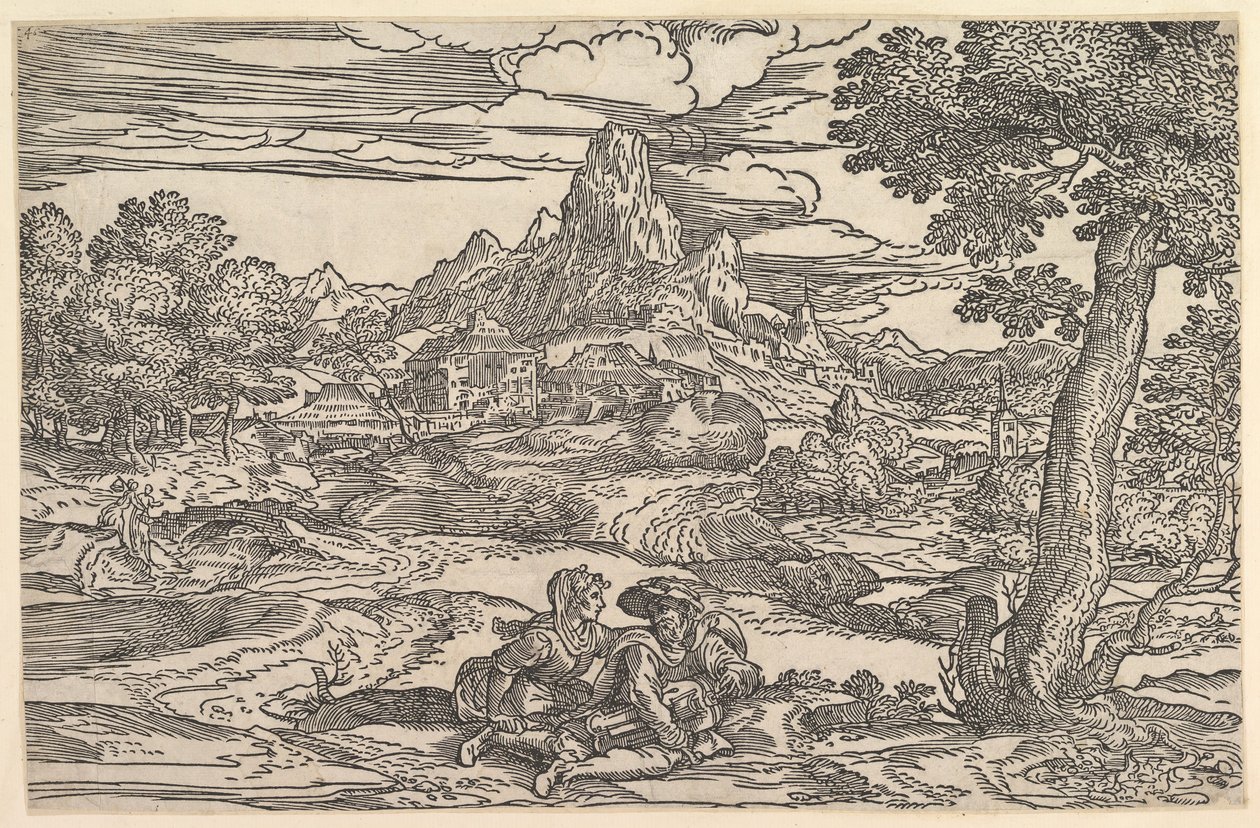 Landschaft mit einer sitzenden Frau neben einem Mann, der eine Drehleier spielt, ca. 1540 von Domenico Campagnola