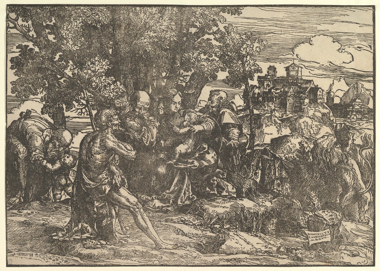 Maria unter Bäumen mit Baby, flankiert von Joseph links und St. Jerome rechts, 1517 von Domenico Campagnola