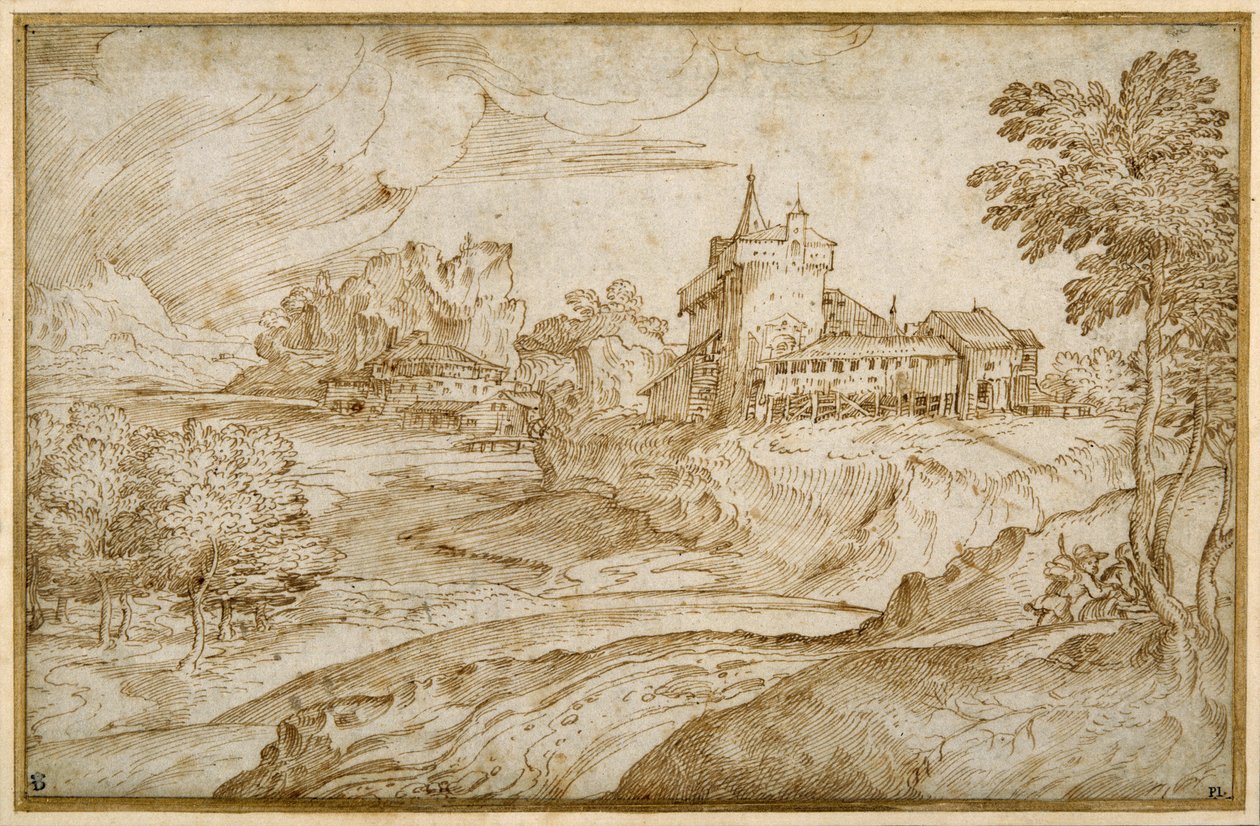 Gebirgige Landschaft mit einem Castello und anderen Gebäuden an einem Fluss; ein Mann eilt mit einer Frau, rechts, ca. 1540 von Domenico Campagnola