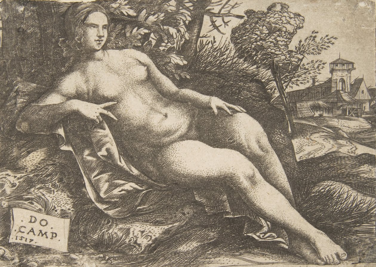 Nackte Frau Venus in einer Landschaft liegend, 1517 von Domenico Campagnola