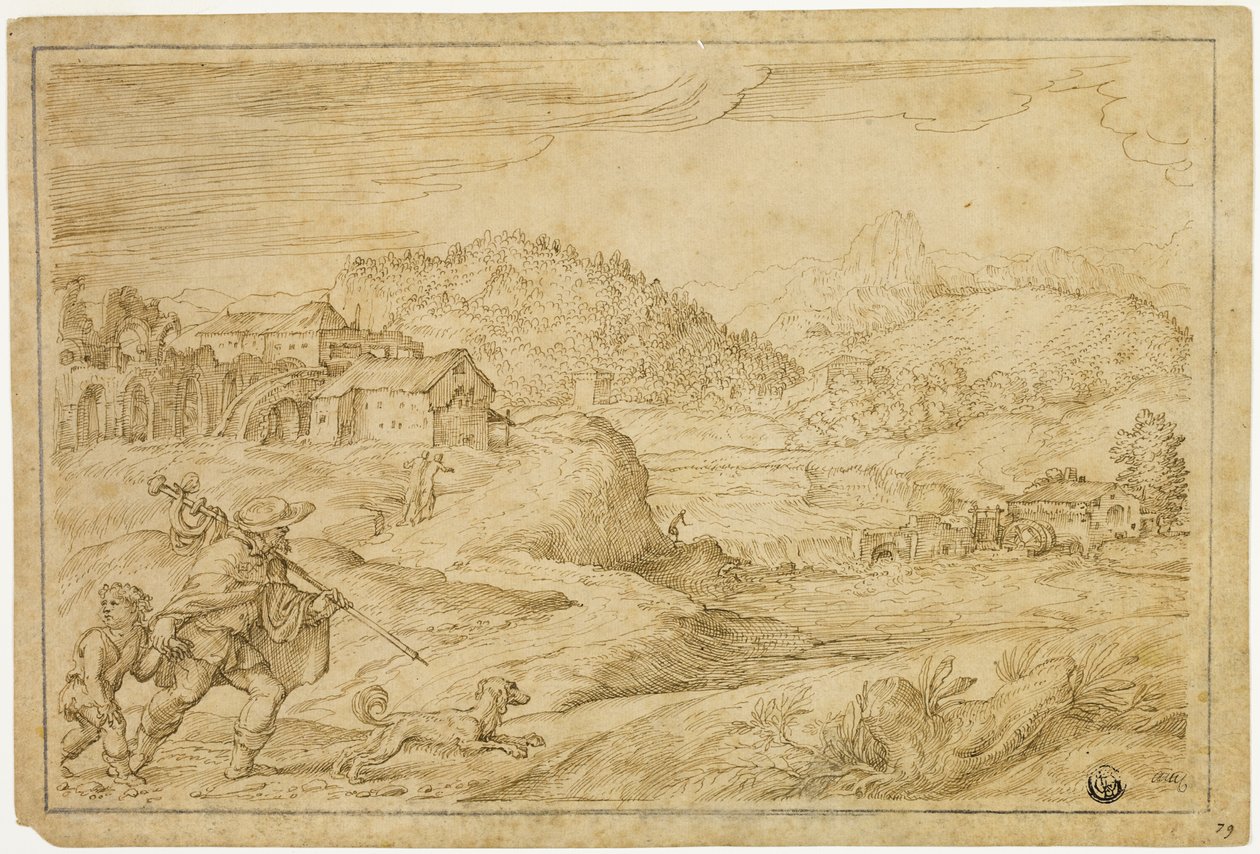Flusslandschaft mit dem heiligen Rochus und einem Kind, das mit einem Hund reist von Domenico Campagnola