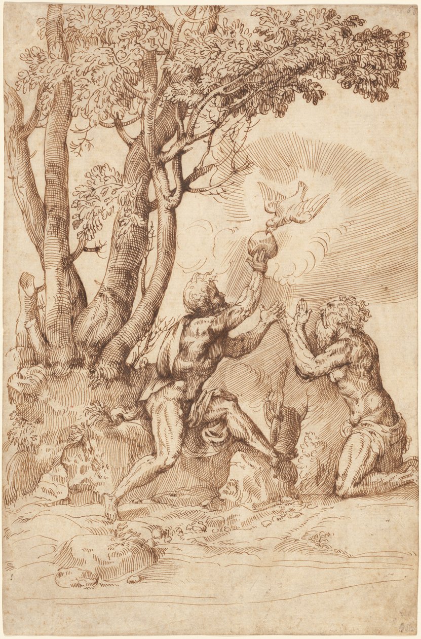 Die Einsiedlerheiligen Paulus und Antonius erhalten Brot von einer Taube von Domenico Campagnola