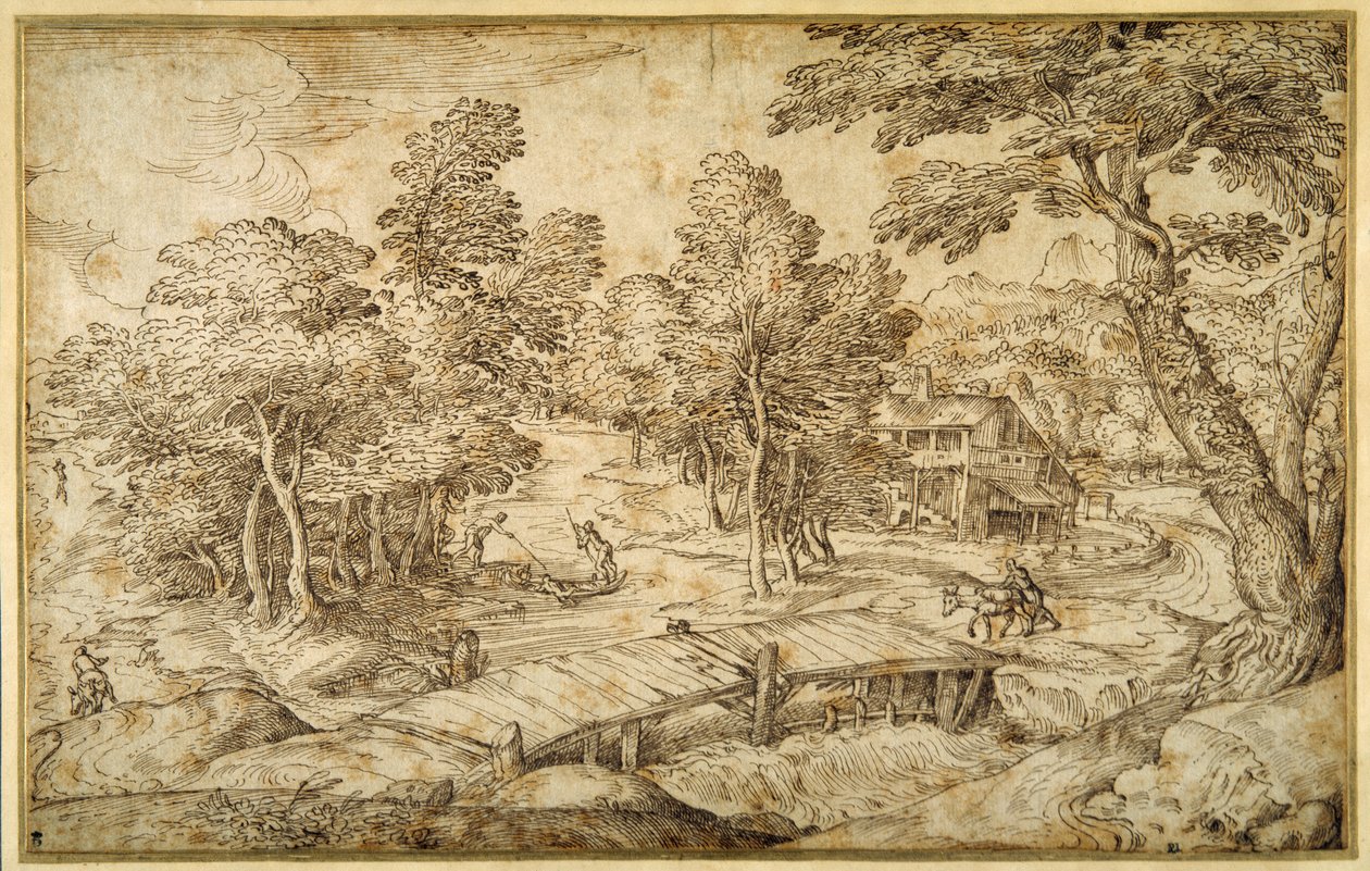 Waldlandschaft mit einem Bauernhof und einer Holzbrücke über eine Schleuse von Domenico Campagnola