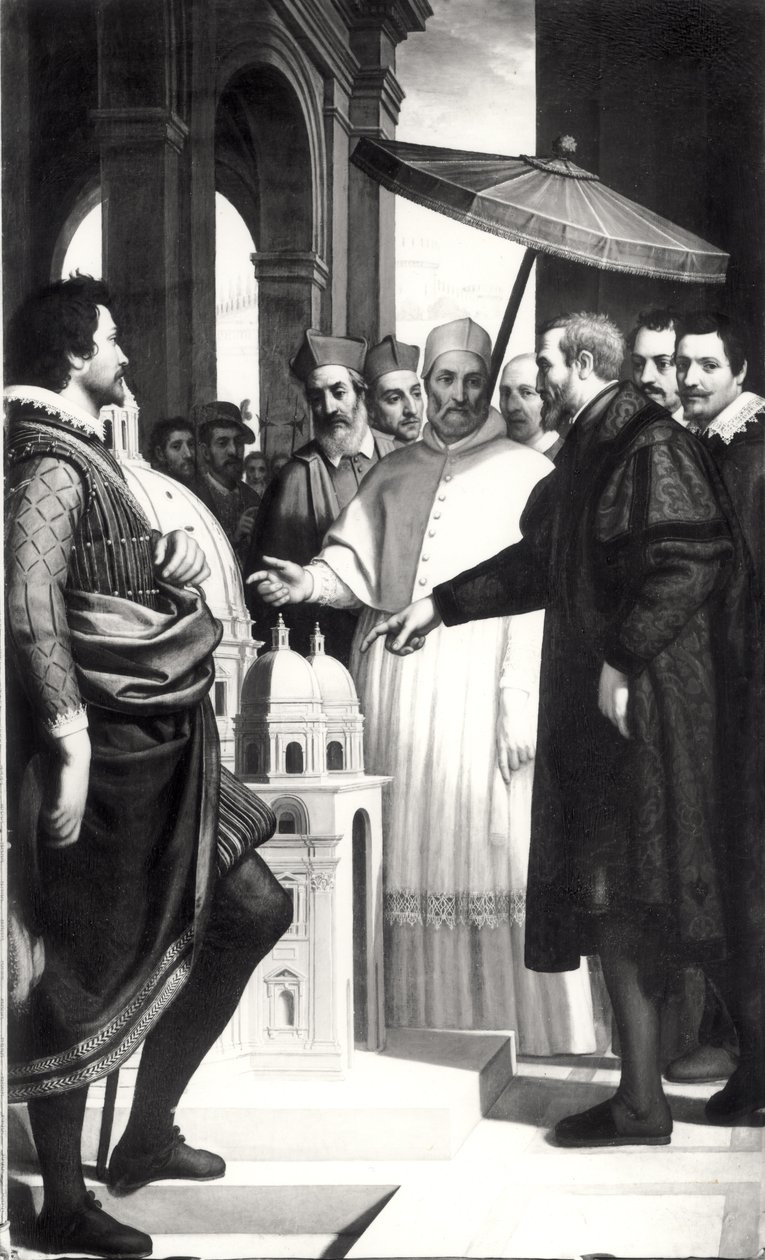 Michelangelo (1475-1564) präsentiert Papst Paul IV. (1476-1559) ein Modell der Kuppel von St. Peter von Domenico Cresti