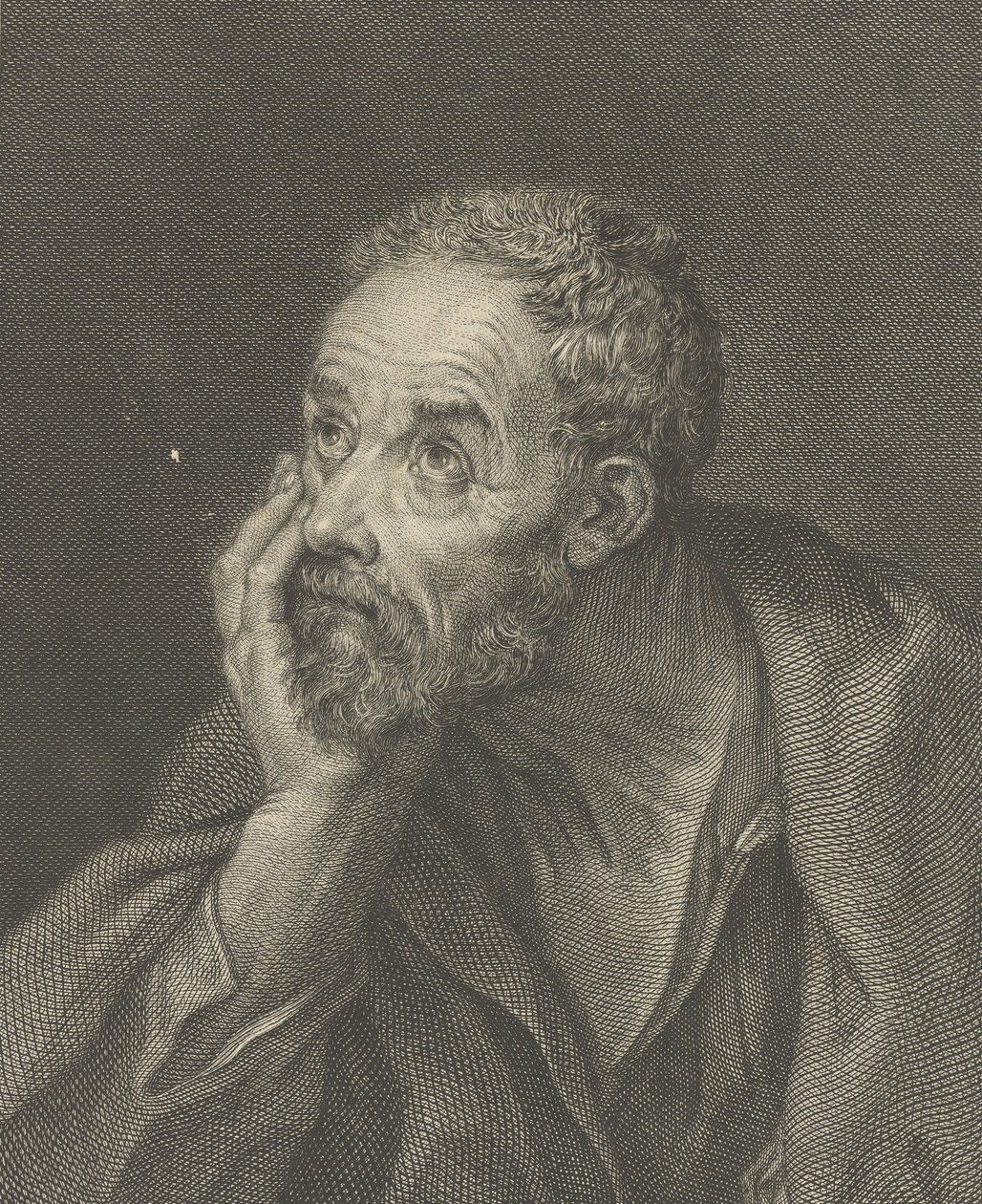 Ein alter bärtiger Mann, der seinen Kopf auf seine rechte Hand stützt und nach links oben schaut, nach..., 1775 von Domenico Cunego