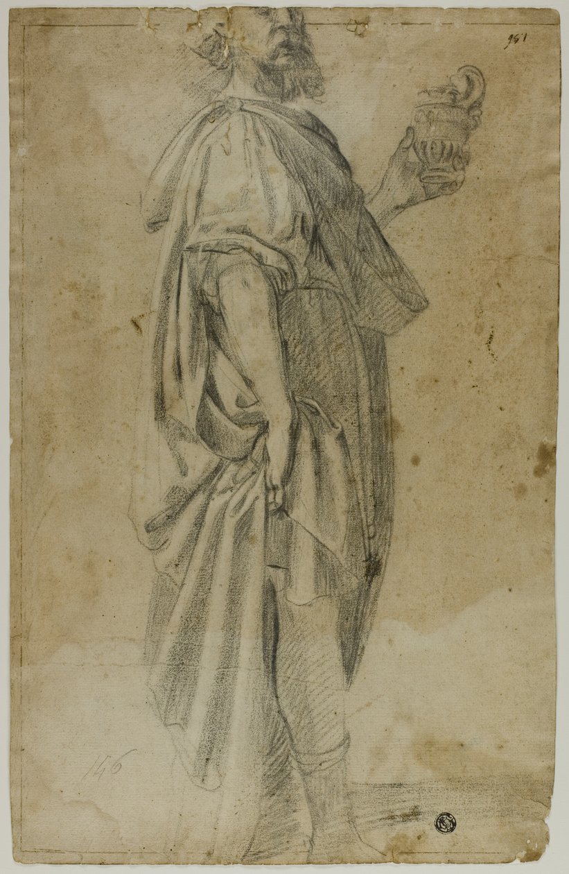Stehender Magus (recto); Skizze von Stall und Bäumen (verso) von Domenico Fiasella