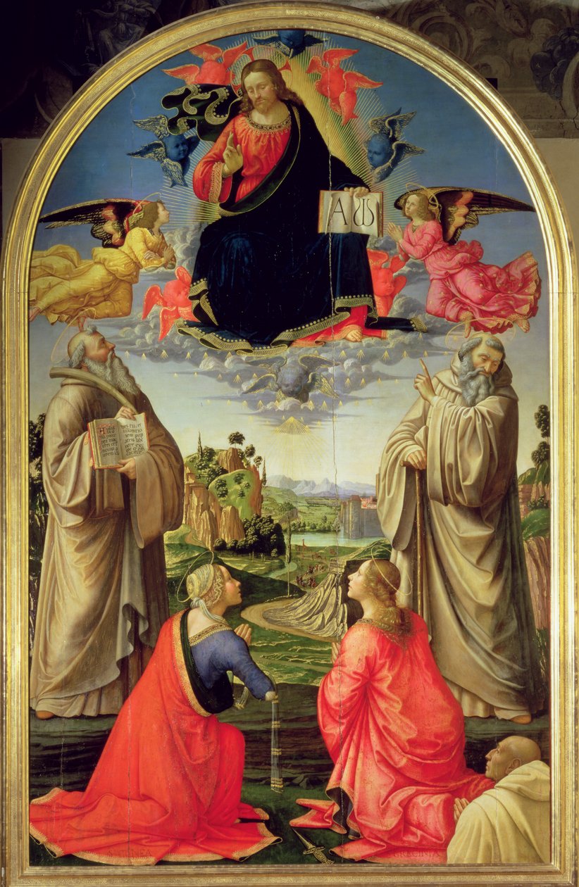 Christus in Herrlichkeit mit St. Benedikt (ca. 480-547), St. Romuald (ca. 952-1027), St. Attinia, St. Grecinia und dem Stifter, Abt Buonvicini, 1492 (Tafel) von Domenico Ghirlandaio