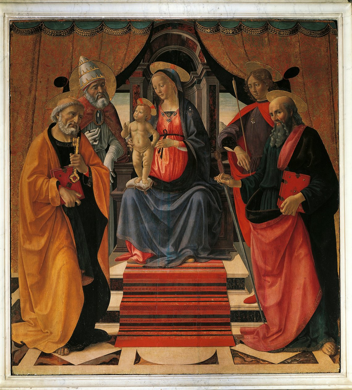 Heilige Konversation. Die Jungfrau Maria und Jesus Christus umgeben von St. Peter, St. Paul, St. Sebastian und Papst St. Clemens (Gemälde) von Domenico Ghirlandaio