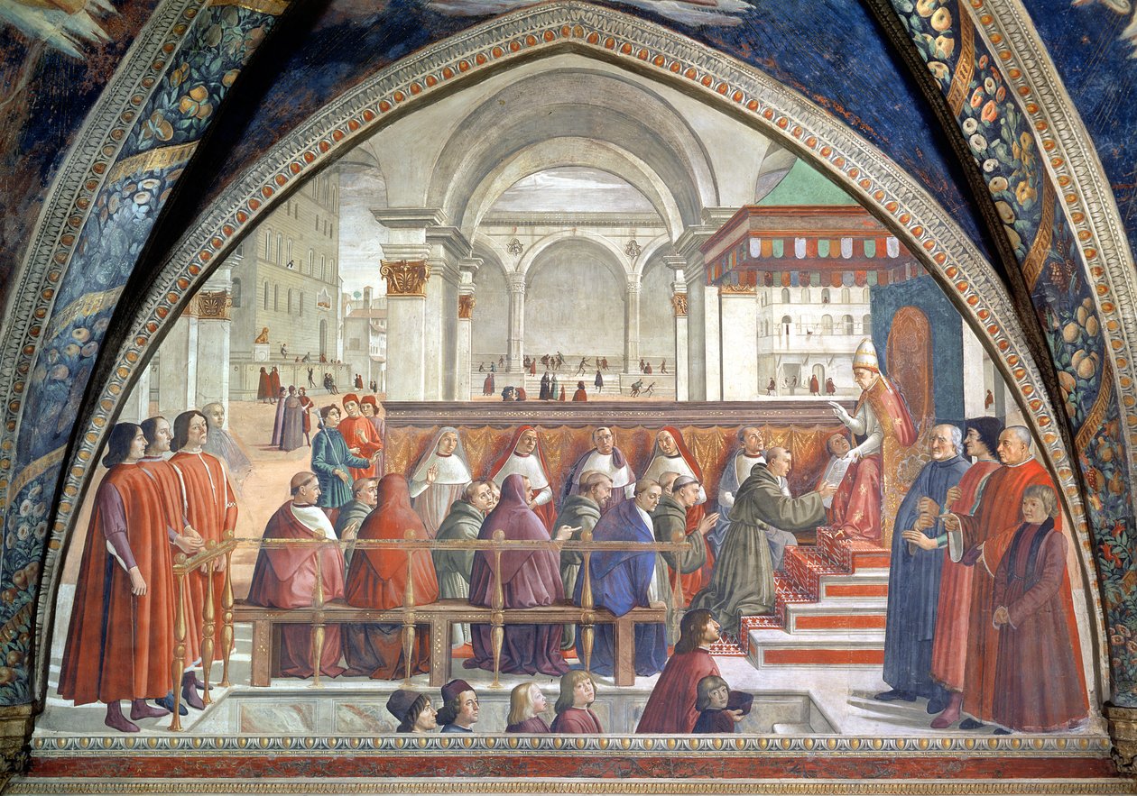 Der heilige Franziskus erhält die Regel des Ordens von Papst Honorius, Szene aus einem Zyklus des Lebens des heiligen Franziskus von Assisi, 1486 von Domenico Ghirlandaio