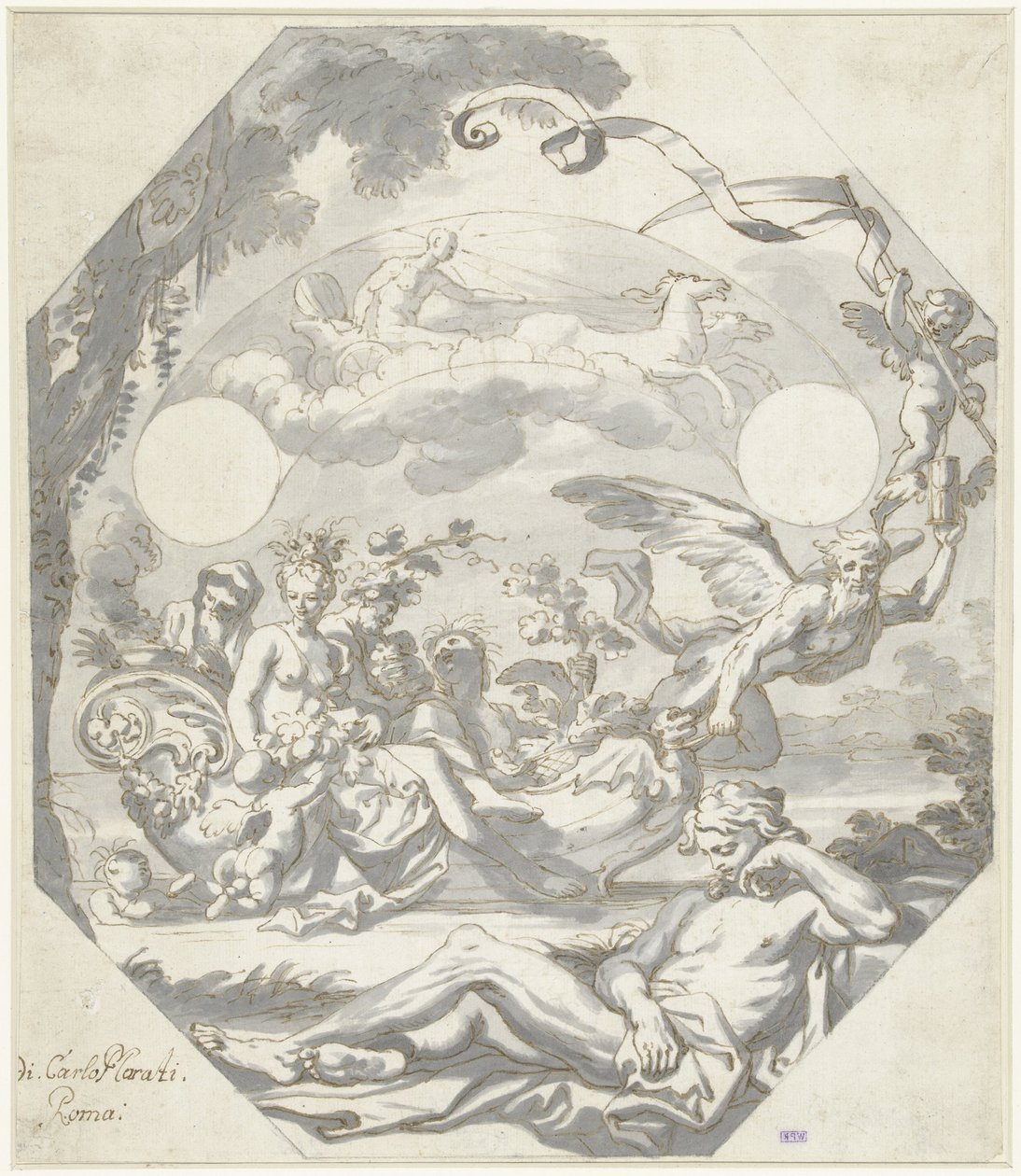 Entwurf für ein Zifferblatt mit einer mythologischen Allegorie von Domenico I Piola (attributed to)