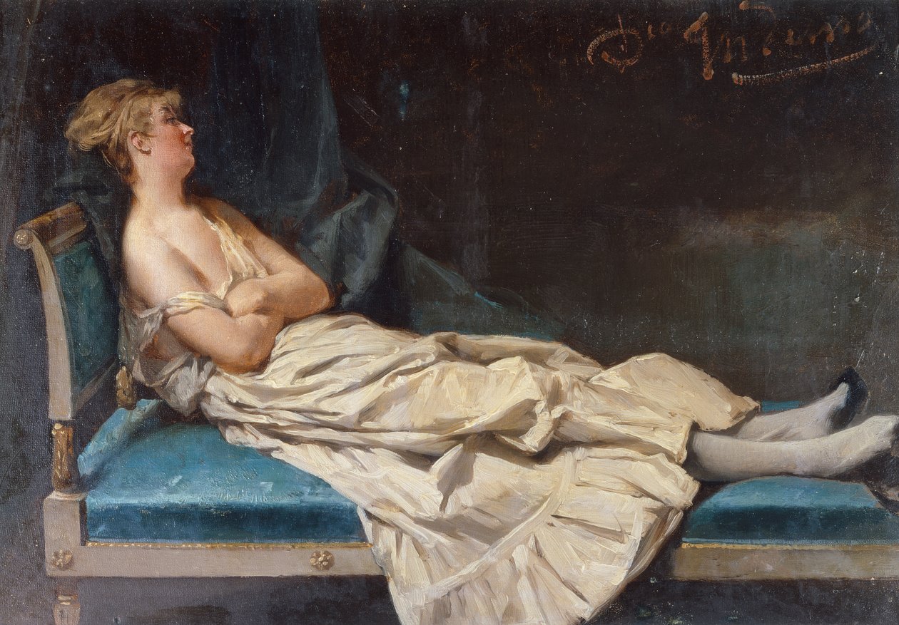 Dame auf einer Chaiselongue liegend von Domenico Induno