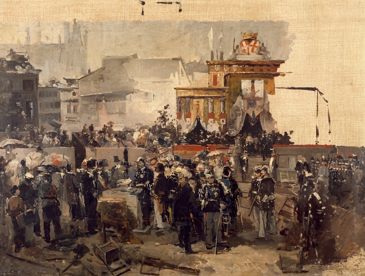 Grundsteinlegung der Galleria Vittorio Emanuele II in Mailand, 7. März von Domenico Induno