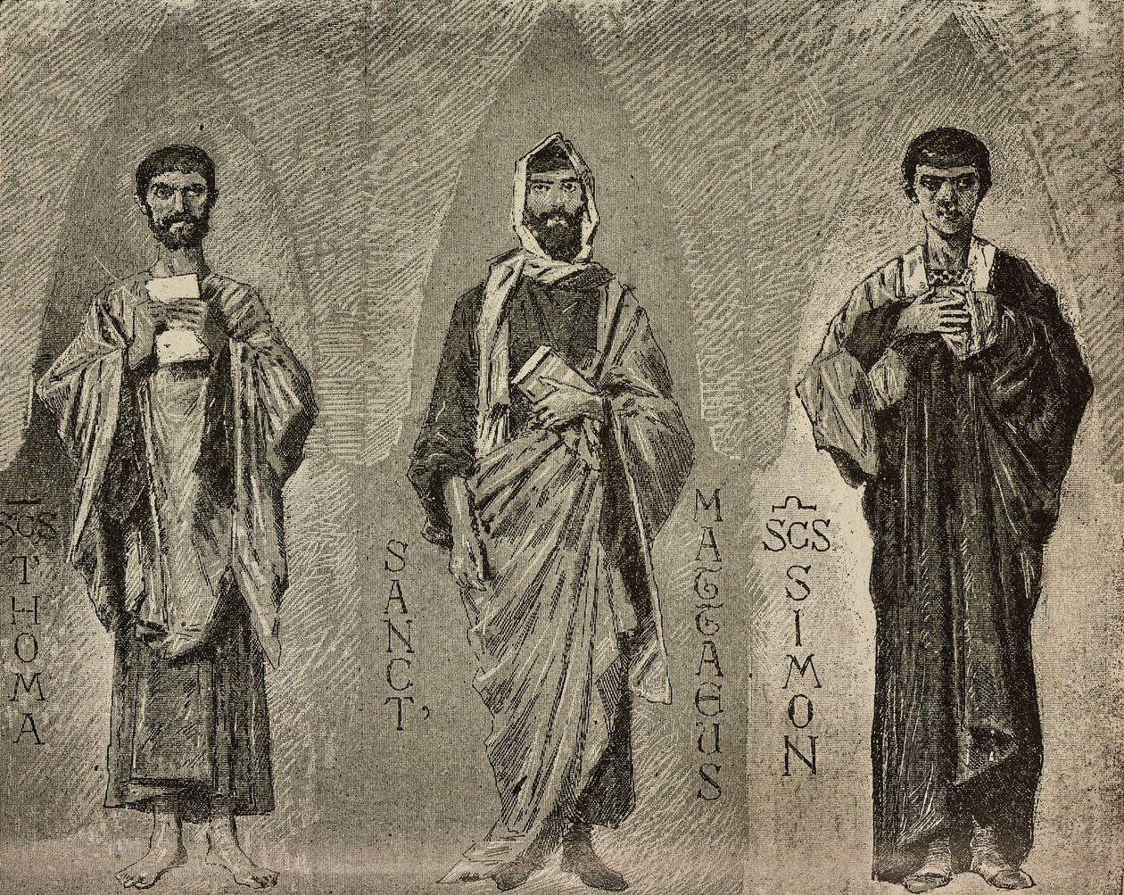 Heilige Thomas, Matthäus und Simon, Kartons von Domenico Morelli für Mosaik in der Kathedrale von Amalfi, Italien, Zeichnung von P. Scoppetta, Gravur aus L