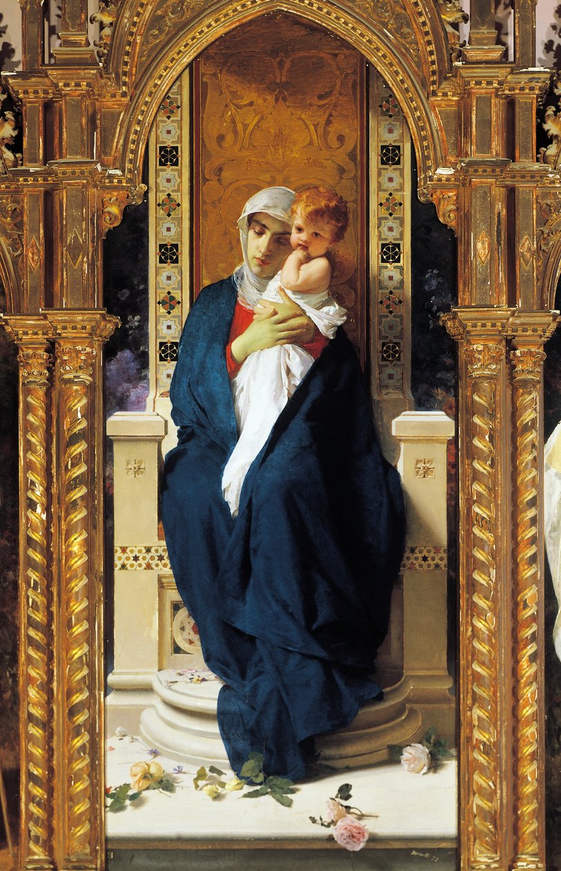 Triptychon der Madonna der Rosen, (Detail), Kapelle des Heiligen Augustinus, Schloss von Corigliano Calabro, Kalabrien, Italien von Domenico Morelli