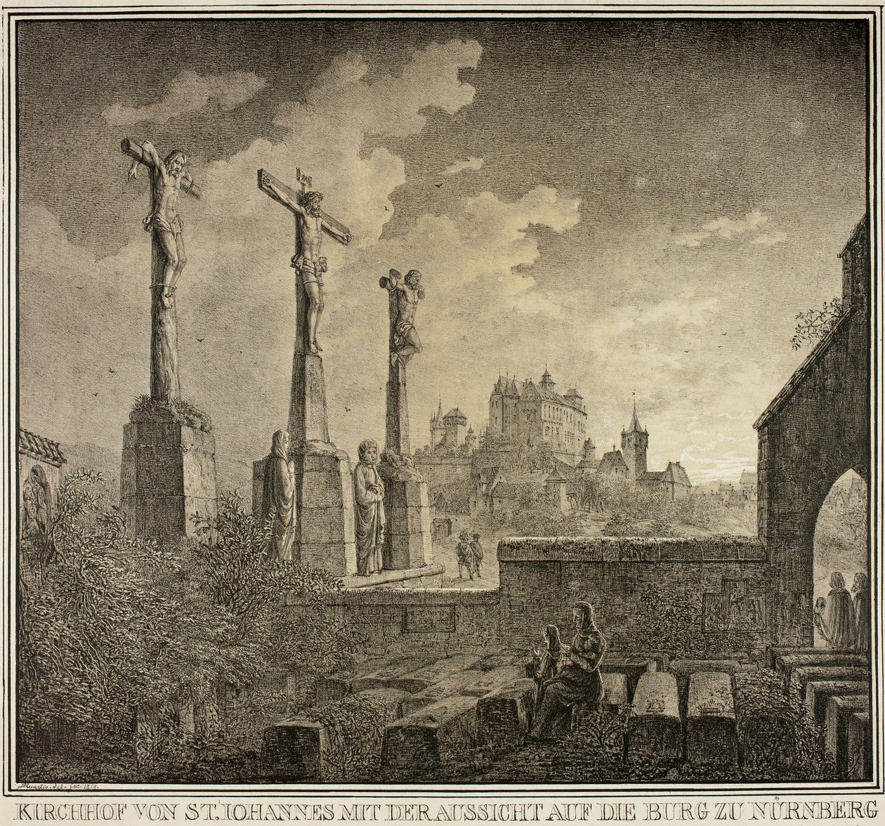 Friedhof St. Johannis mit Blick auf die Stadt Nürnberg, aus Sammlung denkwürdiger mittelalterlicher Gebäude in Deutschland von Domenico Quaglio