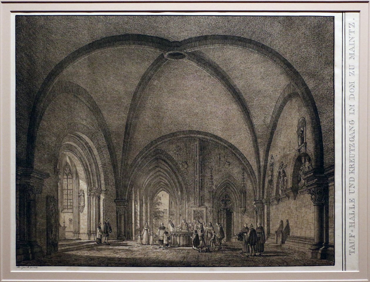 Domenico Quaglio II, Taufbecken und Kreuzgang der Kathedrale von Mainz, aus der Sammlung bemerkenswerter mittelalterlicher Gebäude Deutschlands, 1823, Lithographie von Domenico Quaglio the Younger
