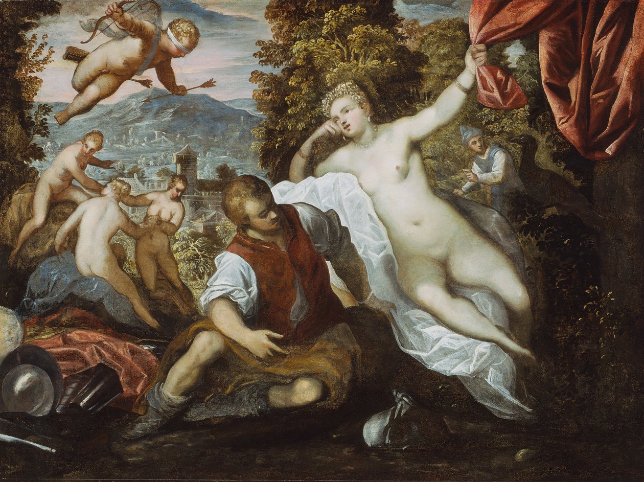 Venus und Mars mit Amor und den drei Grazien in einer Landschaft, 1590-95 von Domenico Tintoretto