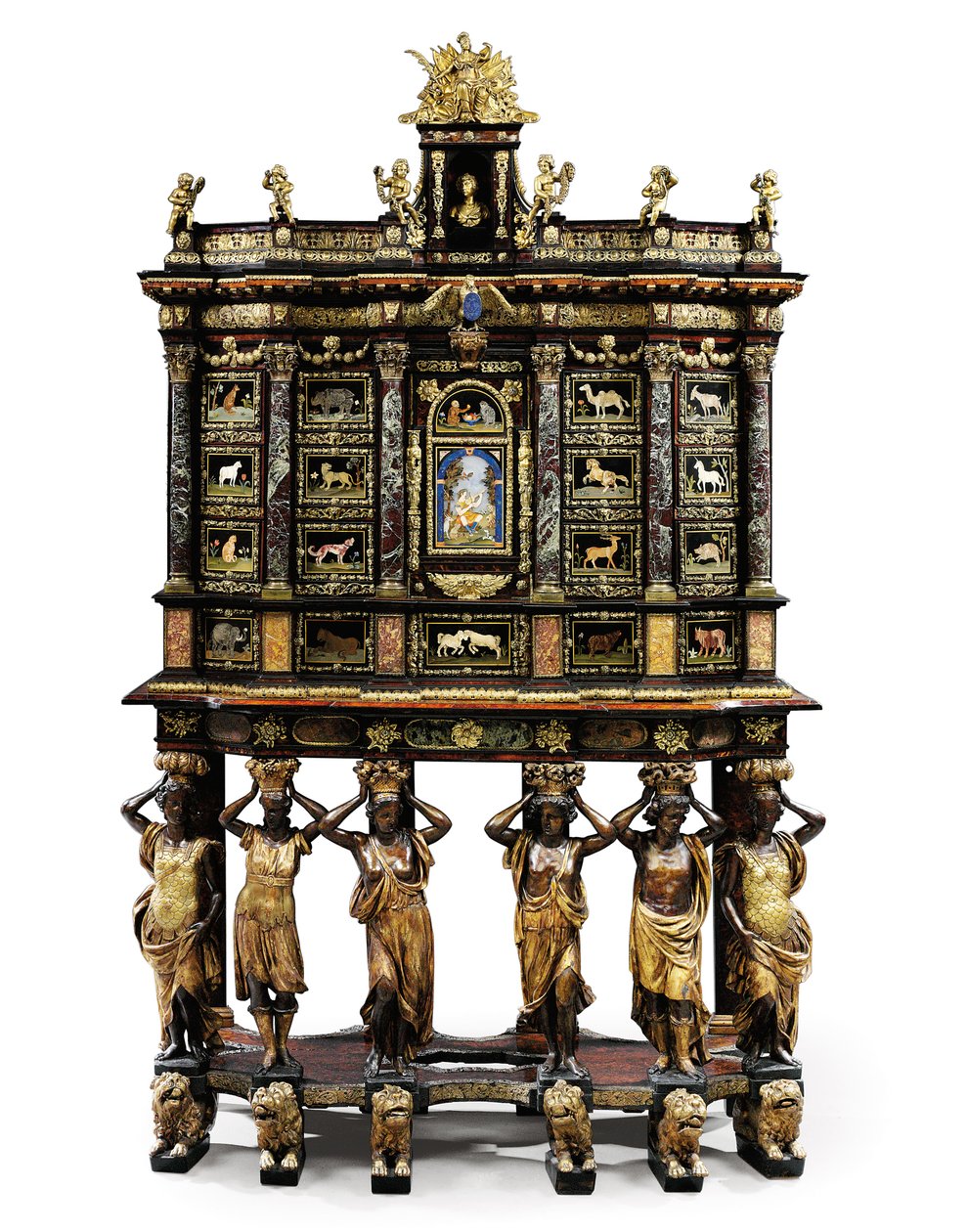 Louis XIV Kabinett auf Ständer (vergoldete Bronze, Pietra Dura, Schildpatt, Esche, ebonisiert & teilvergoldet) von Domenico and Gobelins workshop (attr. to) Cucci
