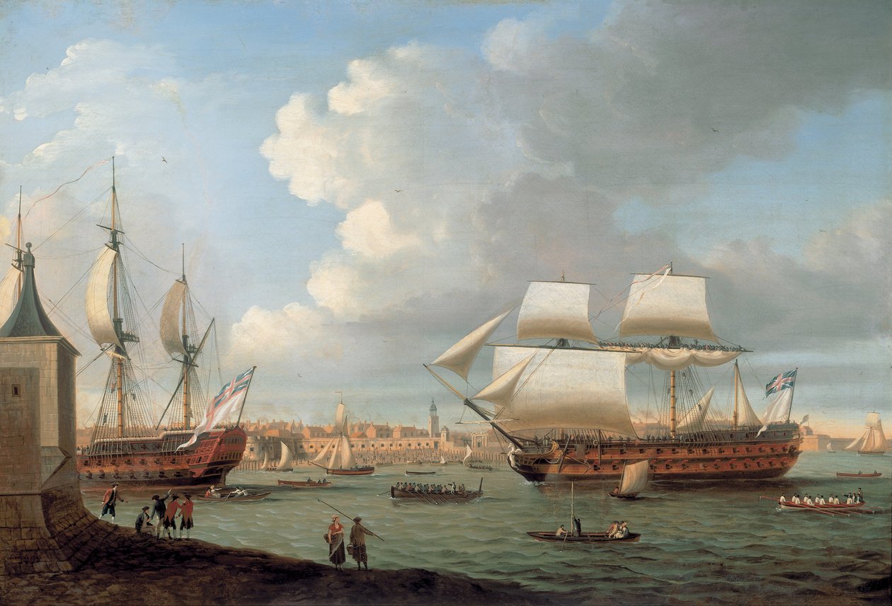 Foudroyant und Pégase beim Einlaufen in den Hafen von Portsmouth, 1782 von Dominic Serres