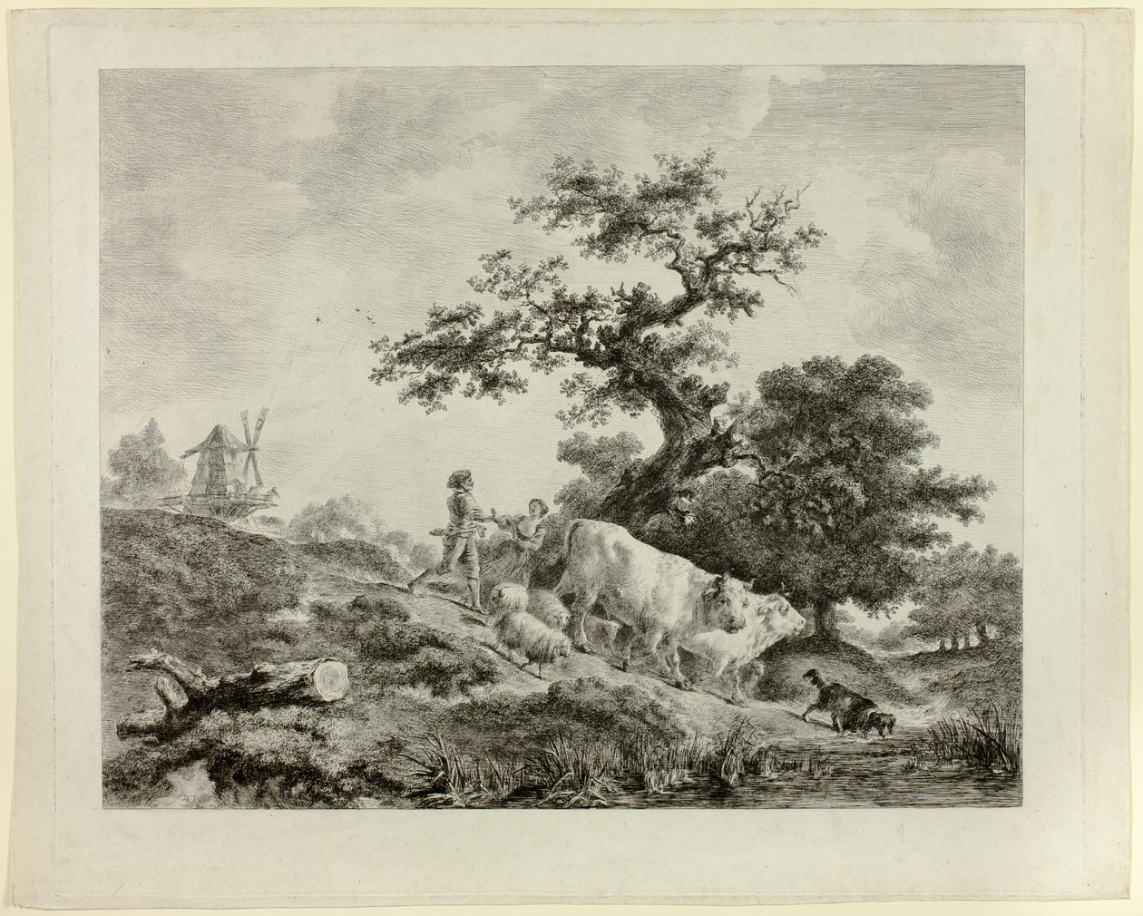 Landschaft mit Windmühle, jungem Mann und Mädchen, und zwei Ochsen von Dominique Vivant Denon