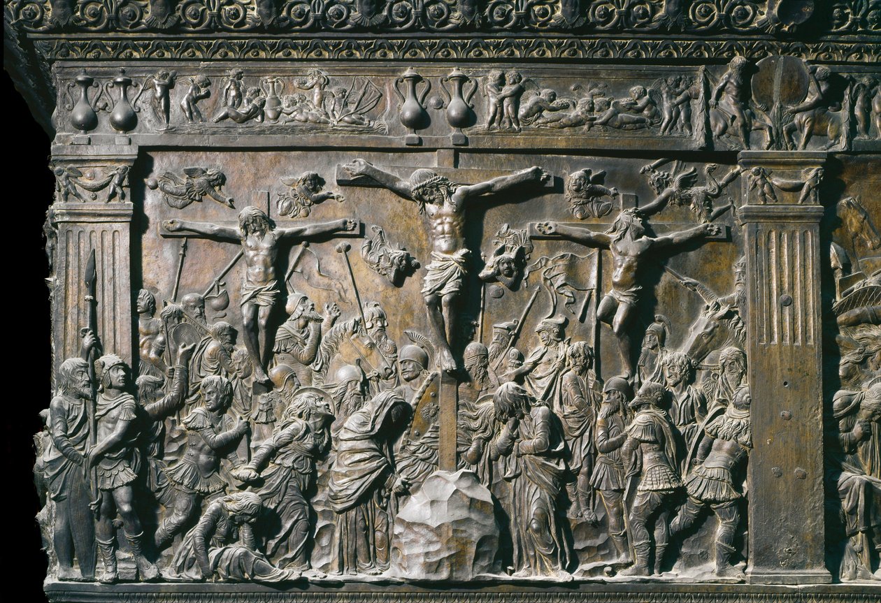 Darstellung des guten Diebes (Dismas) und des bösen Diebes (Gesmas), gekreuzigt mit Jesus Christus. Flachrelief der linken Kanzel, ca. 1460 von Donatello