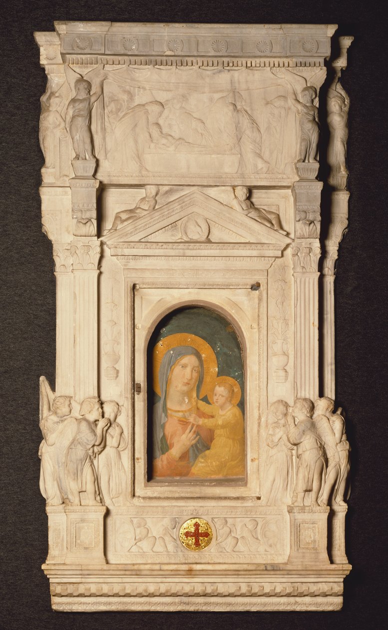Tabernakel des Sakraments der Eucharistie, oder Ciborium, von Donatello, mit Fragment eines Freskos aus dem 14. Jahrhundert, das Madonna des Fiebers darstellt, Museum des Schatzes des Petersdoms, Rom, Vatikanstadt von Donatello