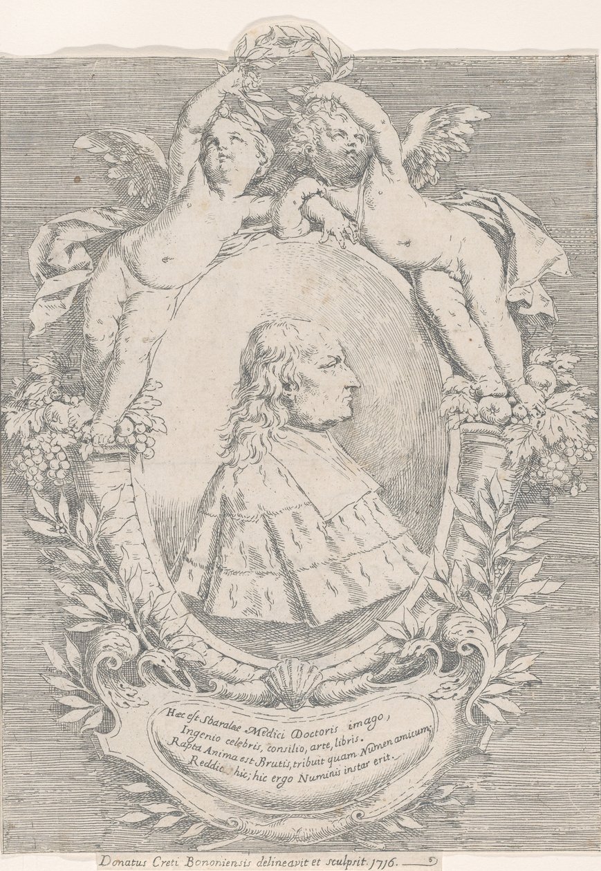 Porträt von Giovanni Girolamo Sbaraglia, in einem Oval flankiert von zwei Putti auf Füllhörnern, 1716 von Donato Creti