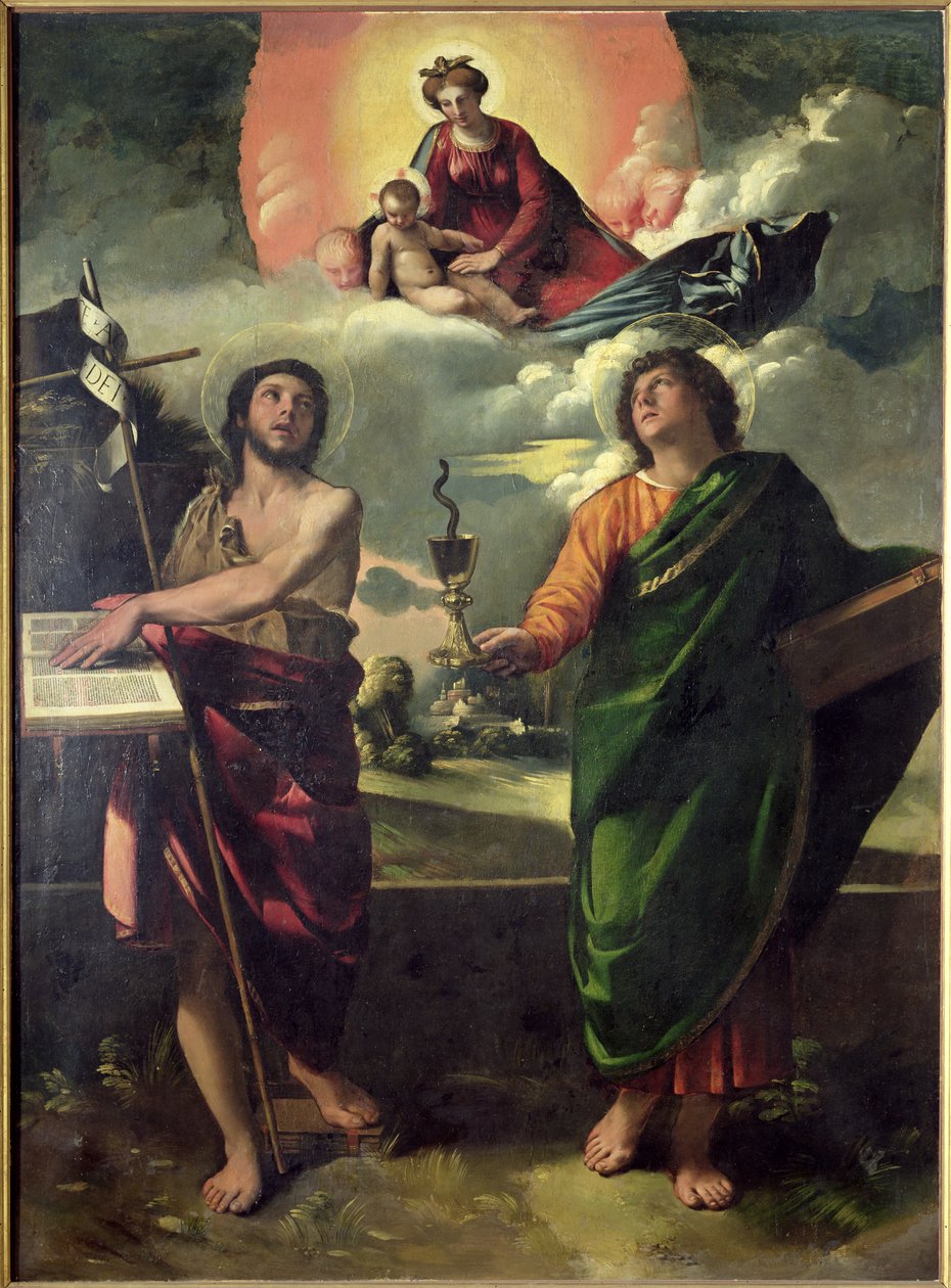 Die Erscheinung der Jungfrau vor den Heiligen Johannes dem Täufer und Johannes dem Evangelisten, 1520-30 von Dosso Dossi