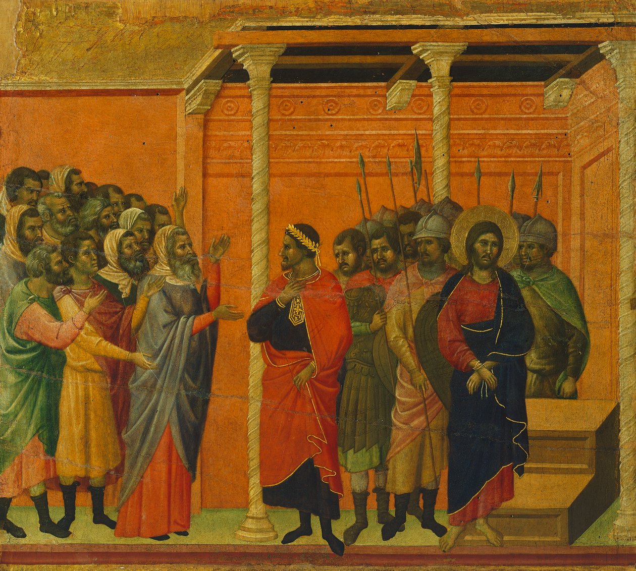 Altarbild: Christus wird von den Pharisäern angeklagt, Detail einer Kachel aus den Geschichten von Christi Passion und Auferstehung, Rückseite der Maestà im Dom von Siena von Duccio di Buoninsegna