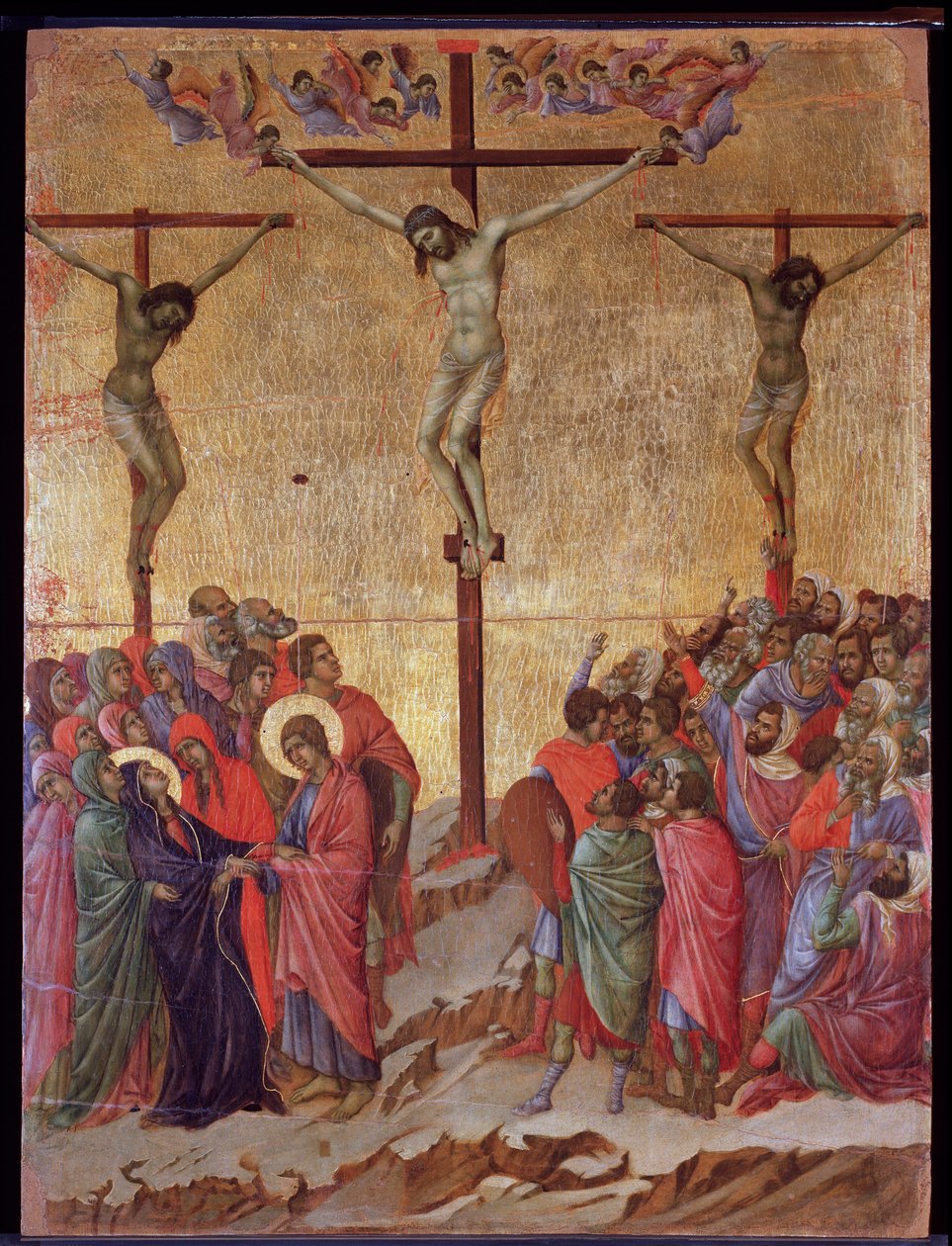 Die Kreuzigung. An den Seiten der gute Dieb (Dismas) und der unbußfertige Dieb (Gestas). Maestà-Altarbild von Duccio di Buoninsegna