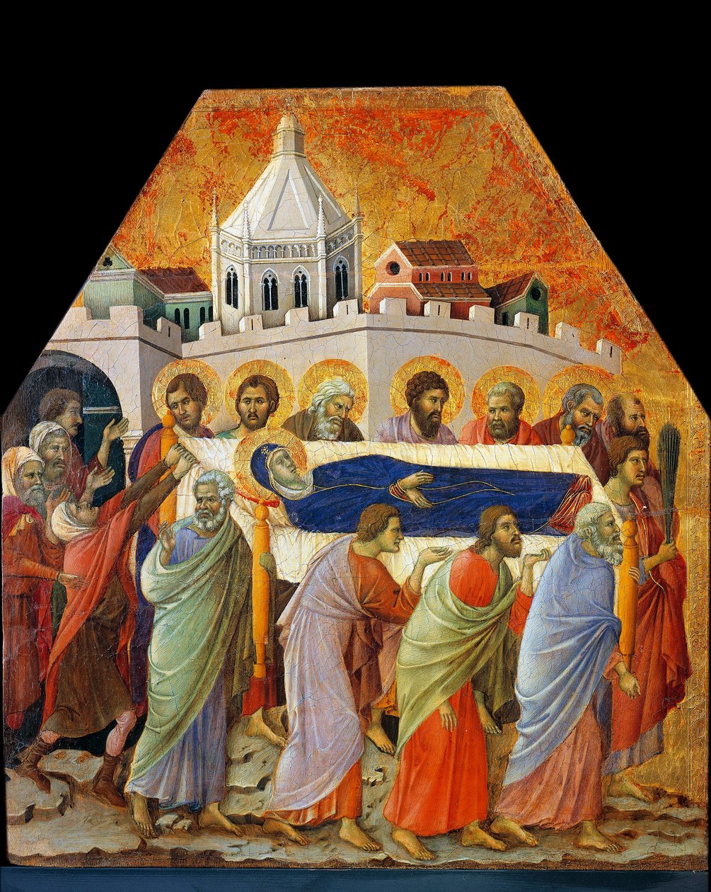 Das Begräbnis der Jungfrau, Johannes mit der Palme öffnet den Weg (Tempera auf Holz) von Duccio di Buoninsegna