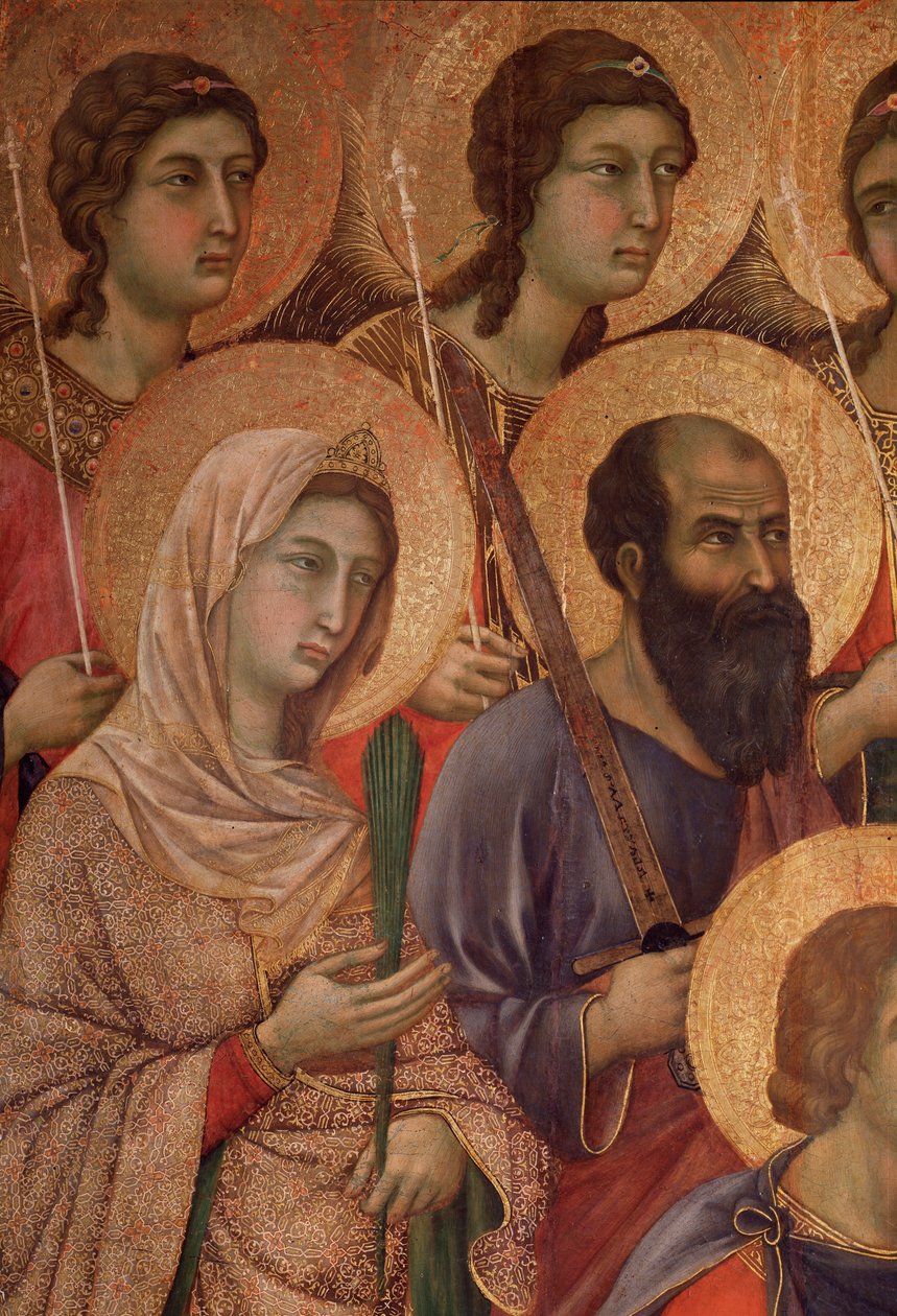 Jungfrau und Kind auf dem Thron, Detail mit der heiligen Katharina von Alexandria und dem heiligen Paulus von Duccio di Buoninsegna