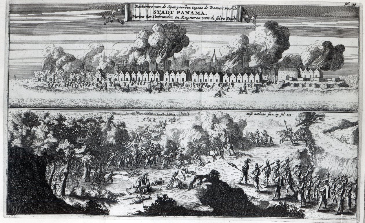 Schlacht zwischen den Freibeutern und den Spaniern während des Angriffs auf Panama im Jahr 1671 von Dutch School