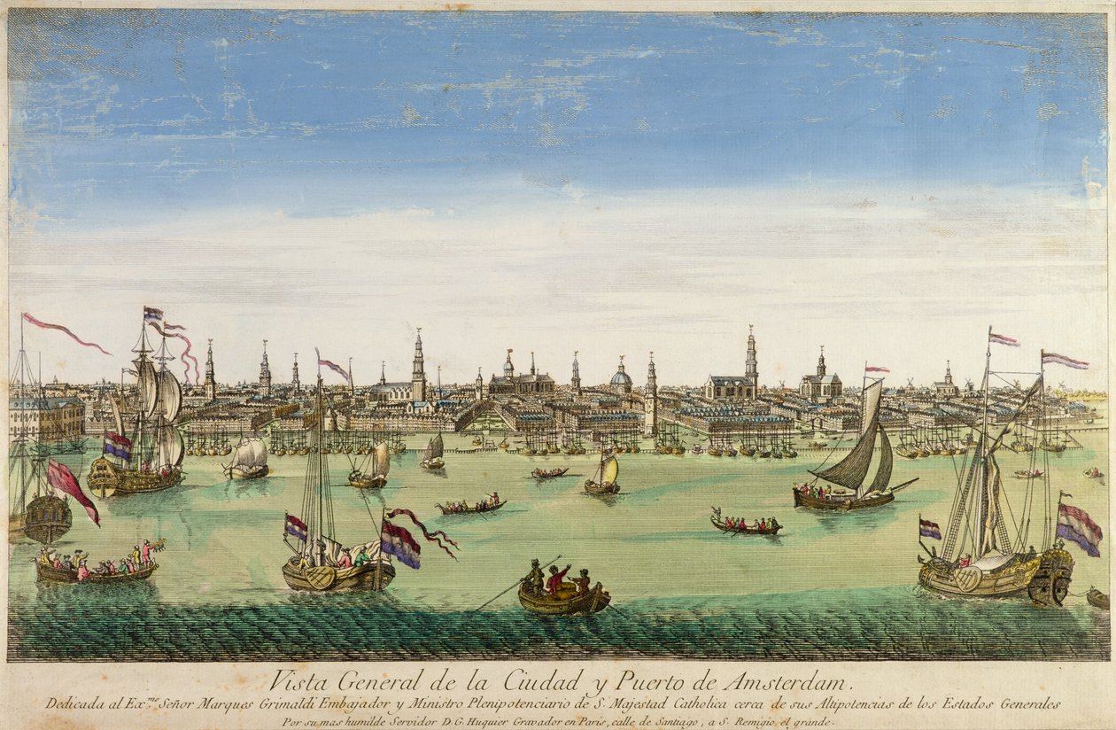 Eine Gesamtansicht des Hafens und der Stadt Amsterdam, Gravur von D.G. Hucquier, 16. Jahrhundert von Dutch School