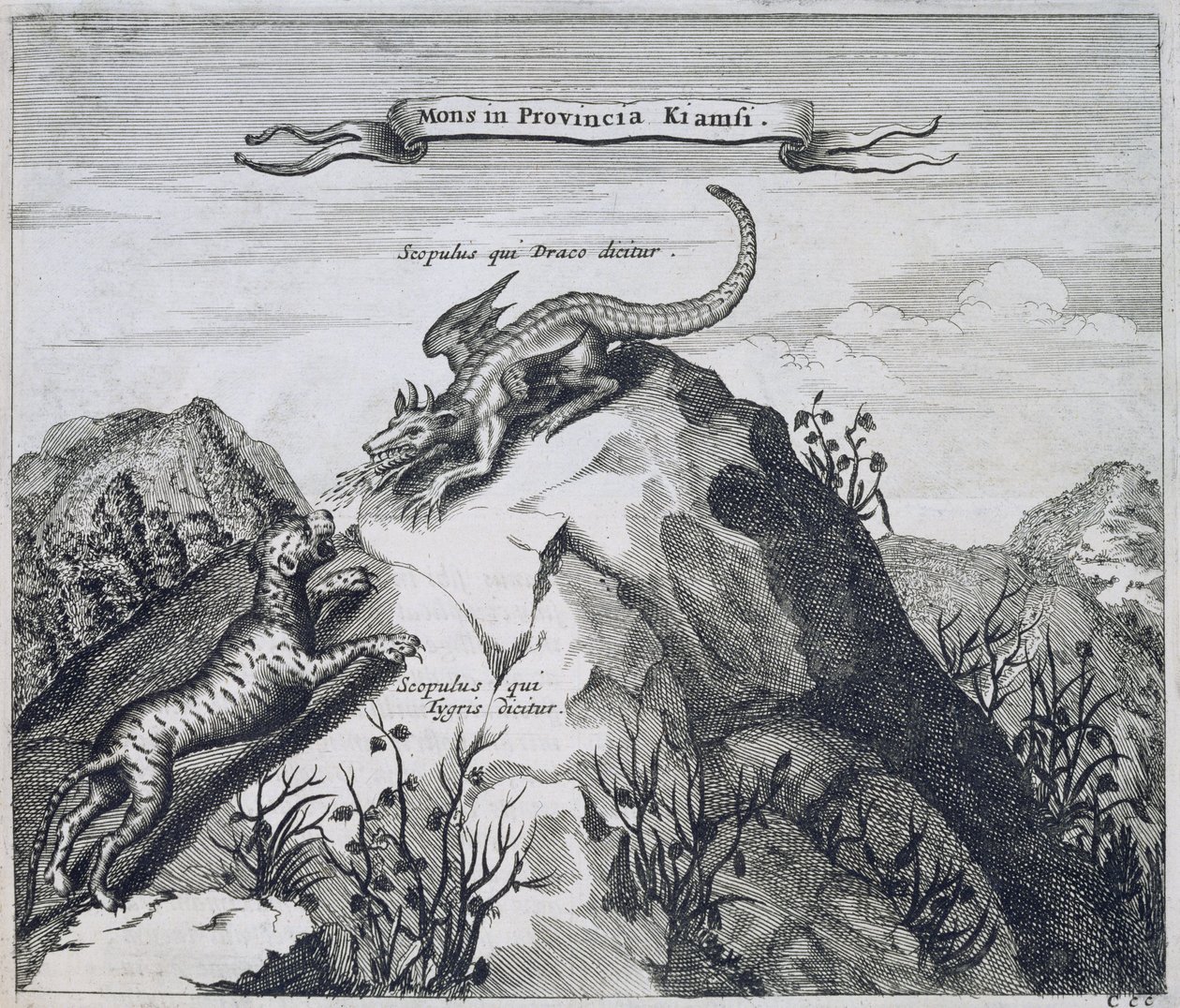 Ein Berg in der Provinz Jiangxi mit Felsen, bekannt als der Drache und der Tiger, aus China illustriert von Athanasius Kircher (1601-80) 1667 von Dutch School
