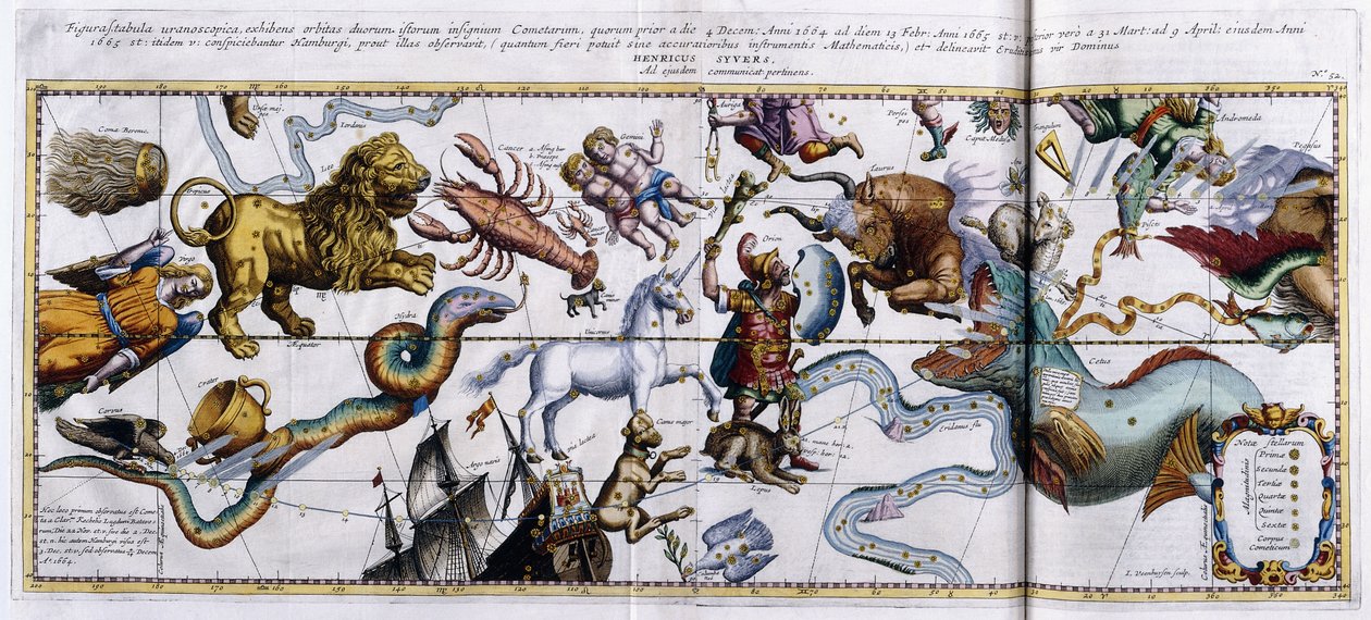 Himmelskarte der Sternbilder: Orion, Stier, Widder, Fische usw., 1666-1668 von Dutch School
