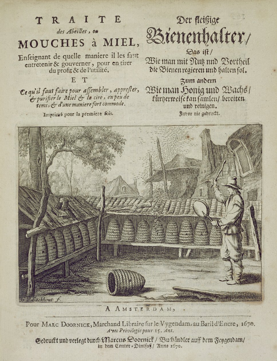 Titelblatt von Traite des Abeilles, ou Mouches a Miel..., gedruckt in Französisch und Deutsch, graviert von G.V. Eckhout, Amsterdam 1670 von Dutch School
