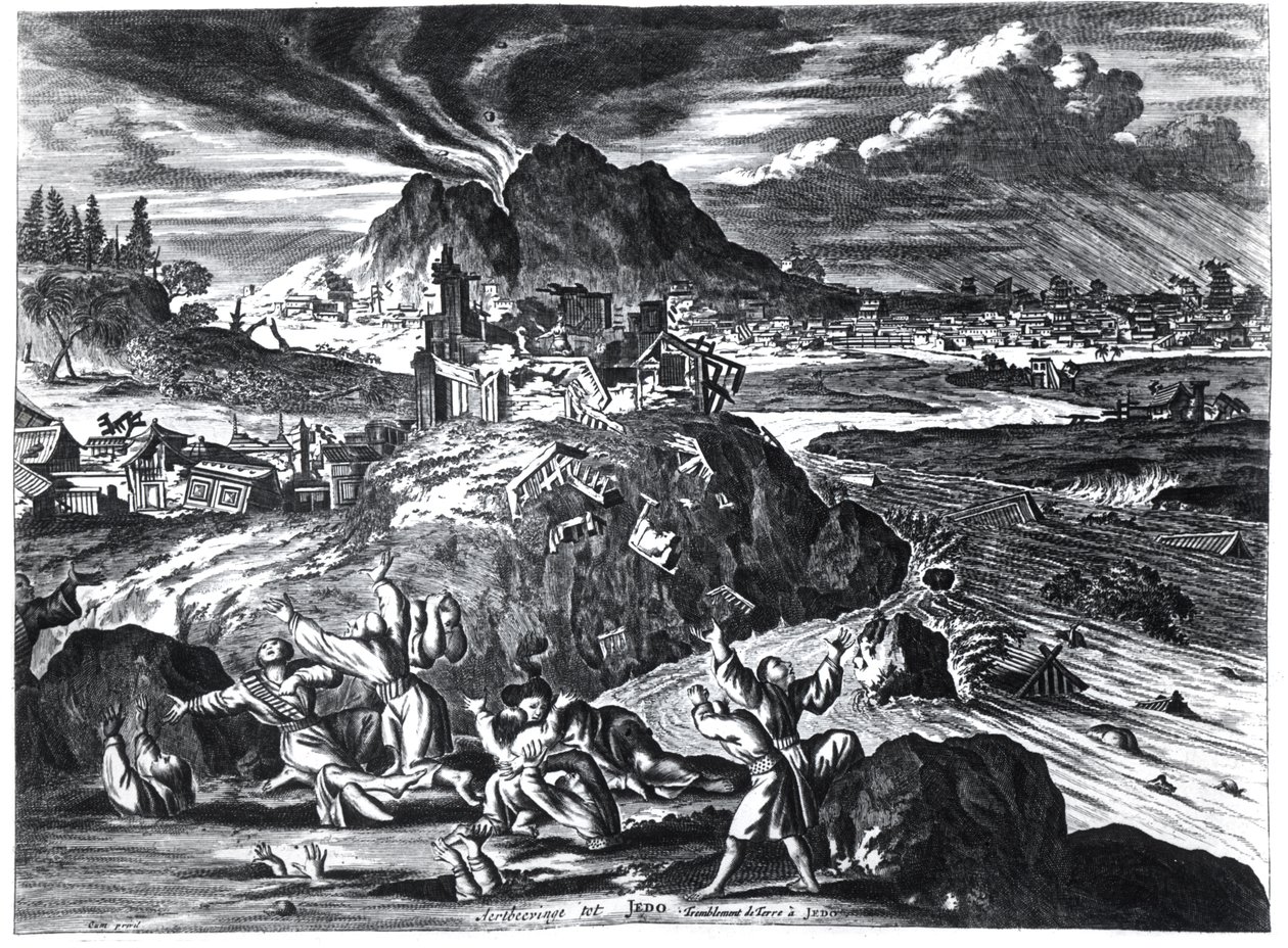 Erdbeben in Edo (Tokio) im Jahr 1659, Illustration aus dem Bericht von Arnold Montanus über die Botschaften der Niederländischen Ostindien-Kompanie an den Kaiser von Japan, veröffentlicht in Amsterdam 1669 von Dutch School