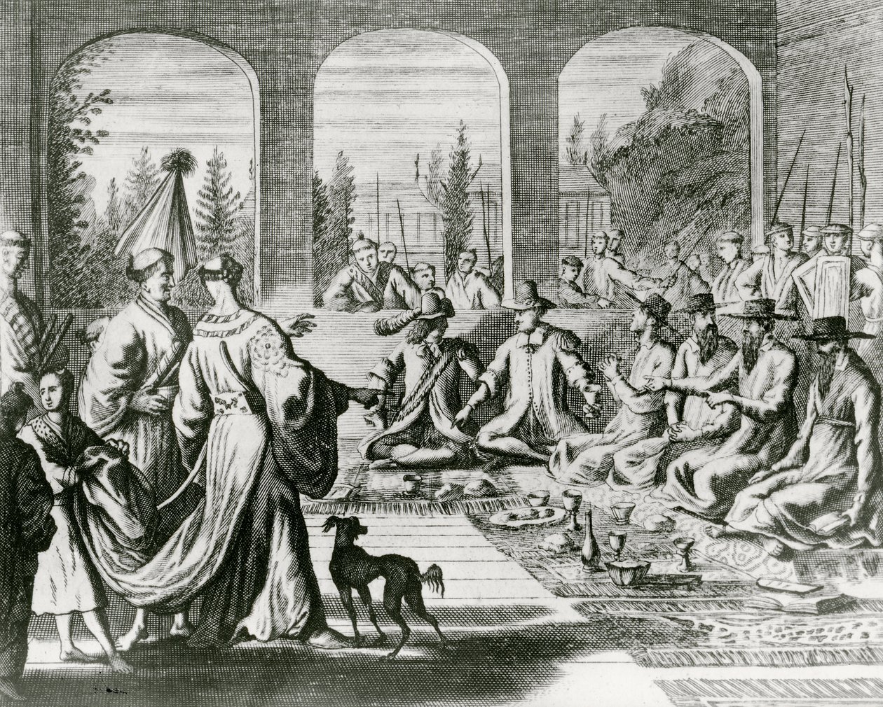 Jesuiten mit niederländischen und portugiesischen Kaufleuten am japanischen Hof, ca. 1670 (Stich) von Dutch School
