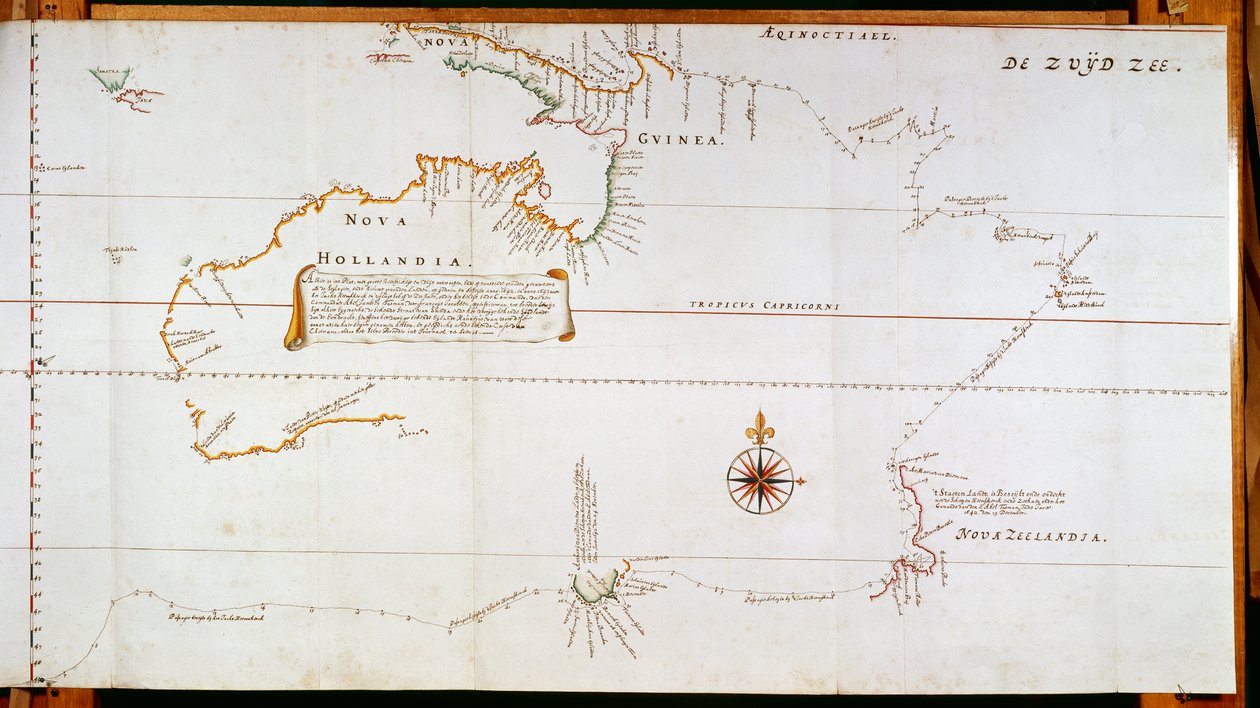 Karte von Neu-Holland, jetzt Australien, und Neuseeland, gezeichnet aus Informationen, die während der Reisen von Abel Janszoon Tasman (1603-1659) und Willem Janszoon (1570-1630) gesammelt wurden von Dutch School