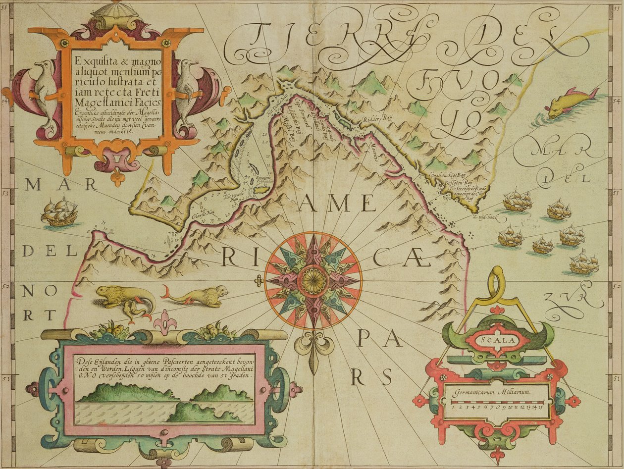 Karte der Magellanstraße, Patagonien, aus dem Mercator-Atlas veröffentlicht von Jodocus Hondius (1563-1612) Amsterdam, 1606 von Dutch School