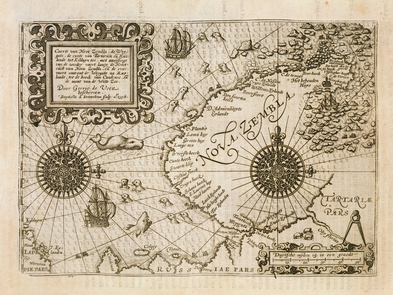Karte des neu entdeckten Nova Zembla, Illustration aus Diarium Nauticum, seu vera descriptio trium navigationum admirandarum... von Gerrit de Veer, 1598 von Dutch School